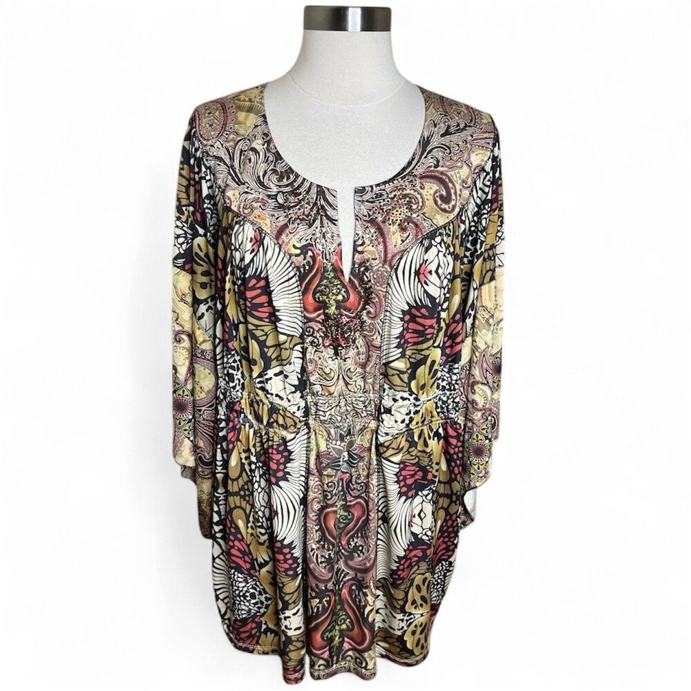 One World Fairy Top Womens 1X Multicolor Paisley Boho Tunic Beaded 3/4 Sleeve